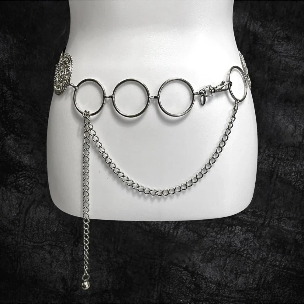 Chunky Chain Belt Women Silver Tone Medallions Rings Rhinestone Concho Y2K 51.5
